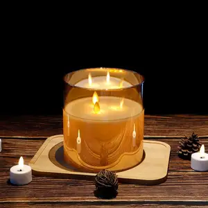 3 Wicks Battery Powered Candles With Timer Flameless Wax Simulation 3D Pillar Glass LED Candle Light