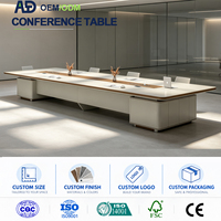 Table de réunion de bureau moderne, design carré, plateau épais, fente de gestion des câbles centrale, extrémités arrondies, placage bois