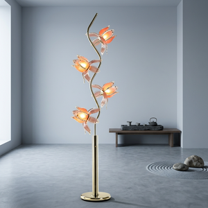 <b>Vintage</b> Floral <b>Standing</b> <b>Lamp</b> 4 Lotus Blooms Golden Metal S Pole Decorative Floor Light for Hotel Lobby - Product Image 5