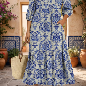 Women <b>Summer</b> <b>Boho</b> Maxi <b>Dress</b> 3/4 Puff Sleeve O-Neck Paisley Print Cotton Loose Fit With Pockets Layered Hem Casual Daily Wear - Product Image 3