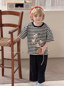 Pigiama per Bambini Personalizzabile 95% Cotone 5% Spandex Estivo a Righe Manica Corta con Pizzo Cartone Animato per Bambini e Adolescenti 3-18 Anni - Product Image 1