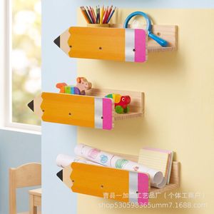 Wooden <b>Wall</b>-Mounted Shelf Pencil-Shaped <b>Hanging</b> <b>Storage</b> Rack Solid Wood Bookshelf For Kids Room Decor - Product Image 1