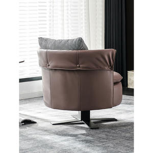 Italian-Style Swivel Lounge Chair Brown Leather Round Single <b>Sofa</b> Chair Living Room Bedroom Furniture - Product Image 3