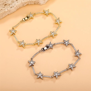 Europäischer & Amerikanischer Hip-Hop-Schmuck: 2mm Messingarmband mit 18K Gold Beschichtung, Krappenfassung und Zirkonia-Steinen im Iced-Out Stern-Design - Product Image 1