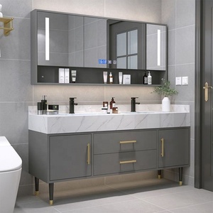 Mueble de Baño Doble con Lavabo, Color Gris Oscuro, con Espejo LED de 3 Puertas y Estante Abierto, para Hogar u Hotel, Venta al Por Mayor - Product Image 1