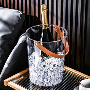 PU Leather Handle <b>Plastic</b> Clear Party Bar KTV Home Beers Champagne Retro Handle Ice Coolers Bucket Wine Chiller - Product Image 1