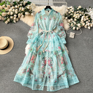 Ly5510 2024 Mới Mới Hàn Quốc Chic In Lưới Tay Áo Chắp Vá Ăn Mặc Phụ Nữ Dresses Quần Áo - Product Image 4