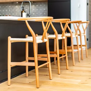 Wholesale Danish Aesthetic Cadeira Altas Solid Wood Home Bar Chairs Wishbone Counter Stool With Arms