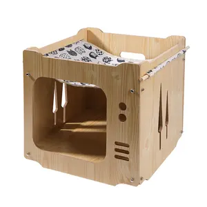 Casa de gato de madeira combinação casa de gato interior rede de gato para cima e para baixo dois níveis dobrável