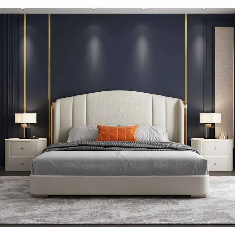 C006 थोक घर के बिस्तर डिजाइन आधुनिक किंग क्वीन आकार के सोने के फ्रेम वाले अप-होल्स्टर्ड बेड का निर्माण करता है