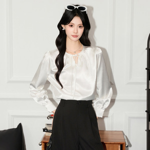Women's French Style Round Neck Tie Front Shirt Long Sleeve Solid Color Satin Blouse Commuting Top <b>White</b> Q9840 - Product Image 1
