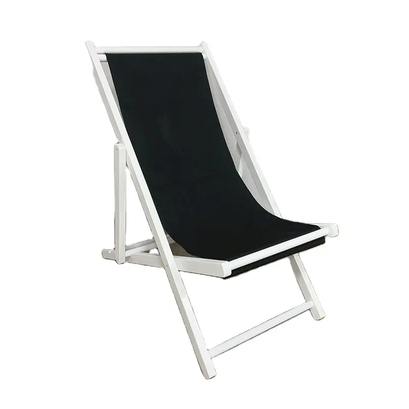 Cadeira de praia dobrável de madeira de bambu ajustável para exterior com tecido listrado