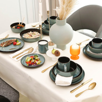 Service de table en grès de 20 pièces, glaçure réactive gris-bleu, assiettes, bols, tasses, intérieur noir, compatible micro-ondes, style rustique