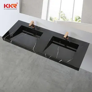 Lavabo doble de superficie sólida para baño, lavabo de mármol sólido, negro, de piedra colgante para pared