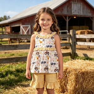GSSO3071 rts Little Active Girl Farm Animals Print Casual Worsted Sleeveless Set สำหรับเด็กขายส่งเด็กฤดูใบไม้ผลิฤดูร้อน - Product Image 1
