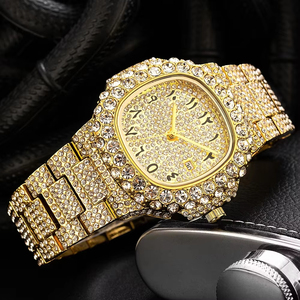 Hot Selling fashion Luxury Gold-Tone Full Diamond Encrusted <b>Watch</b> Arabic Numerals Dial Gold Steel Band Men's Hip Hop Wristwatch - Product Image 4