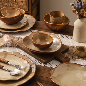 Ensembles de <span class=keywords><strong>vaisselle</strong></span> en céramique de couleur rétro jaunissement du four <span class=keywords><strong>vaisselle</strong></span> marron vintage de luxe pour restaurant à la maison - Product Image 4
