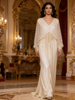 Kaftan Abaya de Luxe avec Ceinture Ornée de Perles et Strass, Robe Longue Islamique pour Soirée de l'Aïd