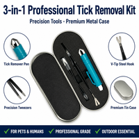 Kit Profesional de Lujo 3 en 1 para la Eliminación de Garrapatas en Perros, Gatos y Caballos, con Estuche Ovalado de Acero Inoxidable y Espuma EVA para Almacenamiento