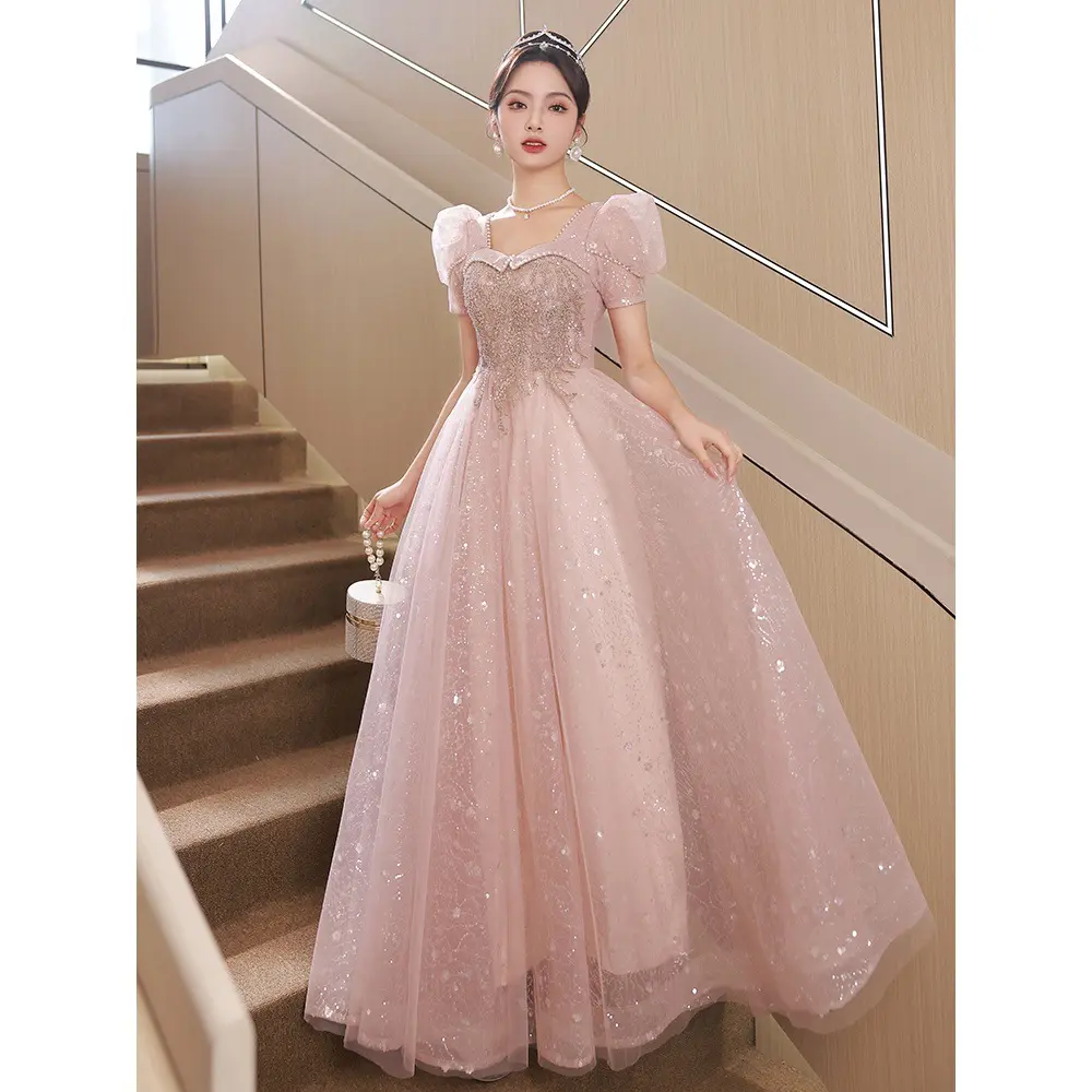 ピンクのイブニングドレス女性の甘い高級アップリケ床の長さのファンシーチュールロングバースデーガールズウエディングドレス