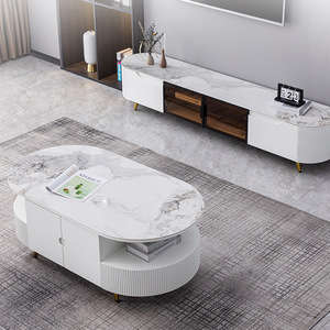 Modern Oval <b>Coffee</b> <b>Table</b> With Storage White Glossy Surface For Living Room <b>Small</b> Space Design - Product Image 3