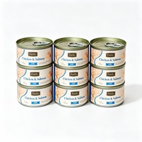 Nourriture humide pour chats en conserve, déchiquetée, au poulet et saumon, enrichie en Taurine et Oméga-3, sans céréales, facile à digérer, vente en gros, OEM