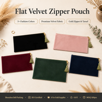 Pochette en velours colorée avec fermeture éclair et pompon, personnalisable avec logo imprimé, idéale pour cadeaux de mariage, vêtements et accessoires capillaires