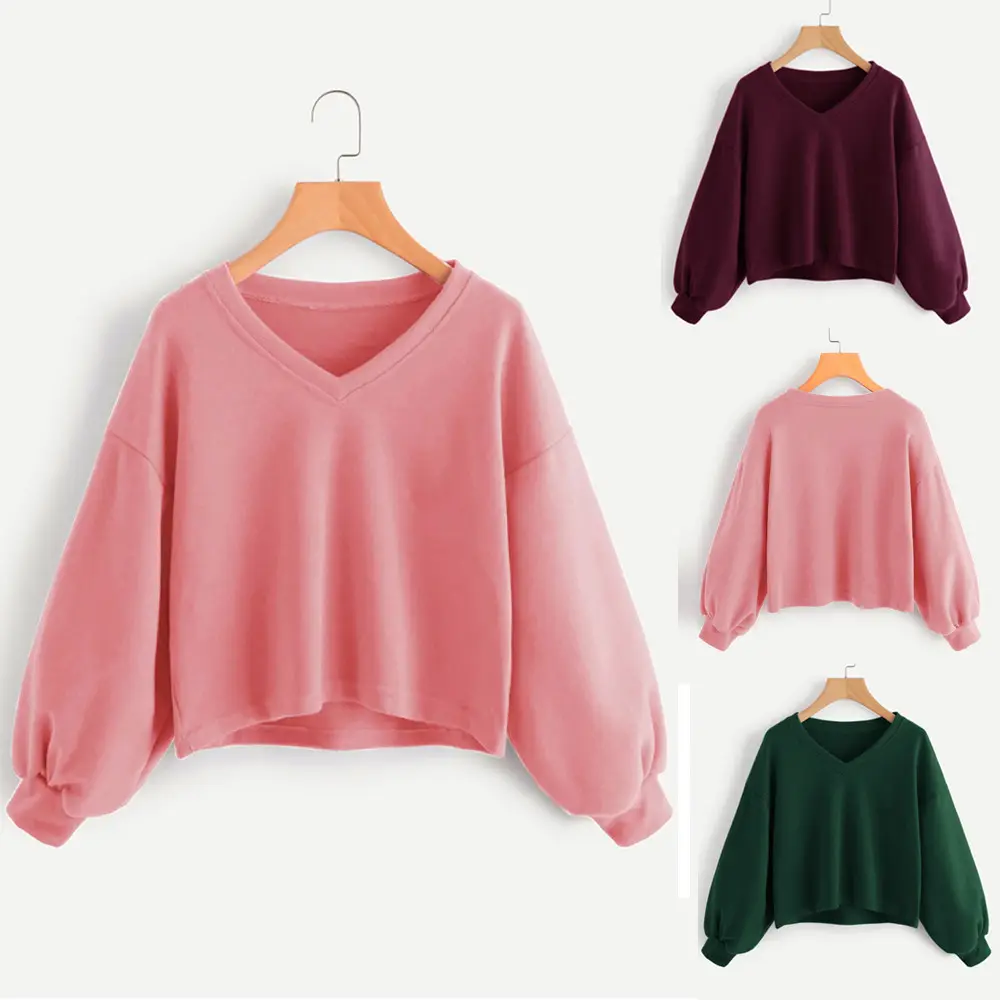 Fashion Women Solid Casual V-neck Lantern Sleeve Sweatshirt Casual Cool New Hooded Pullover Tops for girls