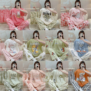 Wholesale High Quality Summer Short Sleeve Long Pants Women's Pajamas Set Comfortable <strong>Casual</strong> Loose Cartoon <strong>Home</strong> <strong>Wear</strong> - Product Image 2