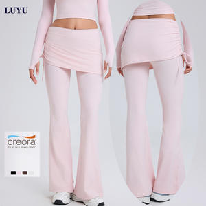 Celana Olahraga Wanita High Waist Flare Leg 2 in 1 Model Hot Fashion Naked Feel dengan Tali Serut Samping dan Rok untuk Pilates dan Fitness - Product Image 1
