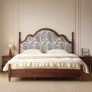 Lit plateforme imprimé européen rembourré de style rétro <span class=keywords><strong>français</strong></span> Crème Bois massif du milieu du siècle Élégant Chambre principale Grand lit de mariage - Product Image 1