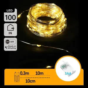 Ghirlanda di luci LED, 10 m, filo di rame, bianco caldo, batteria 3AA; ideale per decorazione e ambientazione in interni - Product Image 3