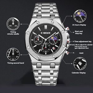 X-GEQCK Nuovo Orologio Automatico da Uomo con Tre Quadranti e Sei Lancette, Fasi Lunari, Cinturino <span class=keywords><strong>in</strong></span> <span class=keywords><strong>Acciaio</strong></span> Inossidabile, <span class=keywords><strong>Orologi</strong></span> di Lusso per la Moda Maschile - Product Image 6