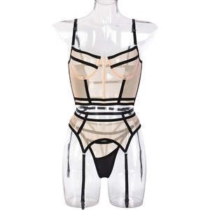 Ensemble de lingerie sexy pour femme en dentelle transparente, comprenant soutien-gorge push-up à bretelles, culotte, corset à armatures et porte-jarretelles - Product Image 6