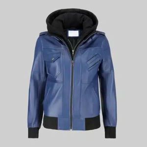 Chaqueta Bomber de Cuero Azul para Mujer con Capucha Desmontable, Prenda Exterior Informal y Elegante, Estilo Vintage Urbano - Product Image 6