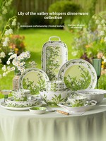 Service de table en céramique 54 pièces, style élégant et moderne, motif plantes et fleurs, compatible micro-ondes, cadeau de pendaison de crémaillère, directement de l'usine