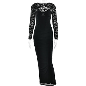 ชุดเดรสทรงเข้ารูปผ้าลูกไม้สไตล์ยุโรปอเมริกัน แต่งผ้าปะติดปะต่อ คอสูง แขนยาว ผ่าข้าง สำหรับงานกลางคืน สีดำ - Product Image 5