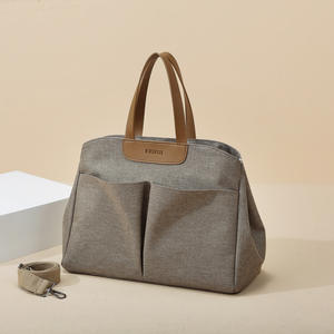 Bolsa de lona gris de alta calidad para mujer con asas de cuero marrón, correa de hombro extraíble, bolsa de compras para uso diario. - Product Image 1