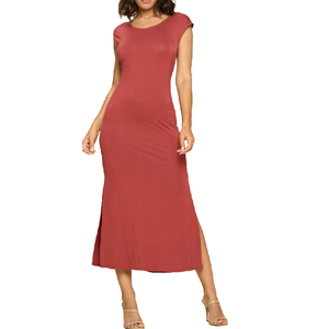 Produttore di Abbigliamento OEM Personalizzato con Basso MOQ, Abiti Midi Casual Semplici in Cotone con Collo a Barchetta, Maniche Corte e Spacchi Laterali per Signore - Product Image 1
