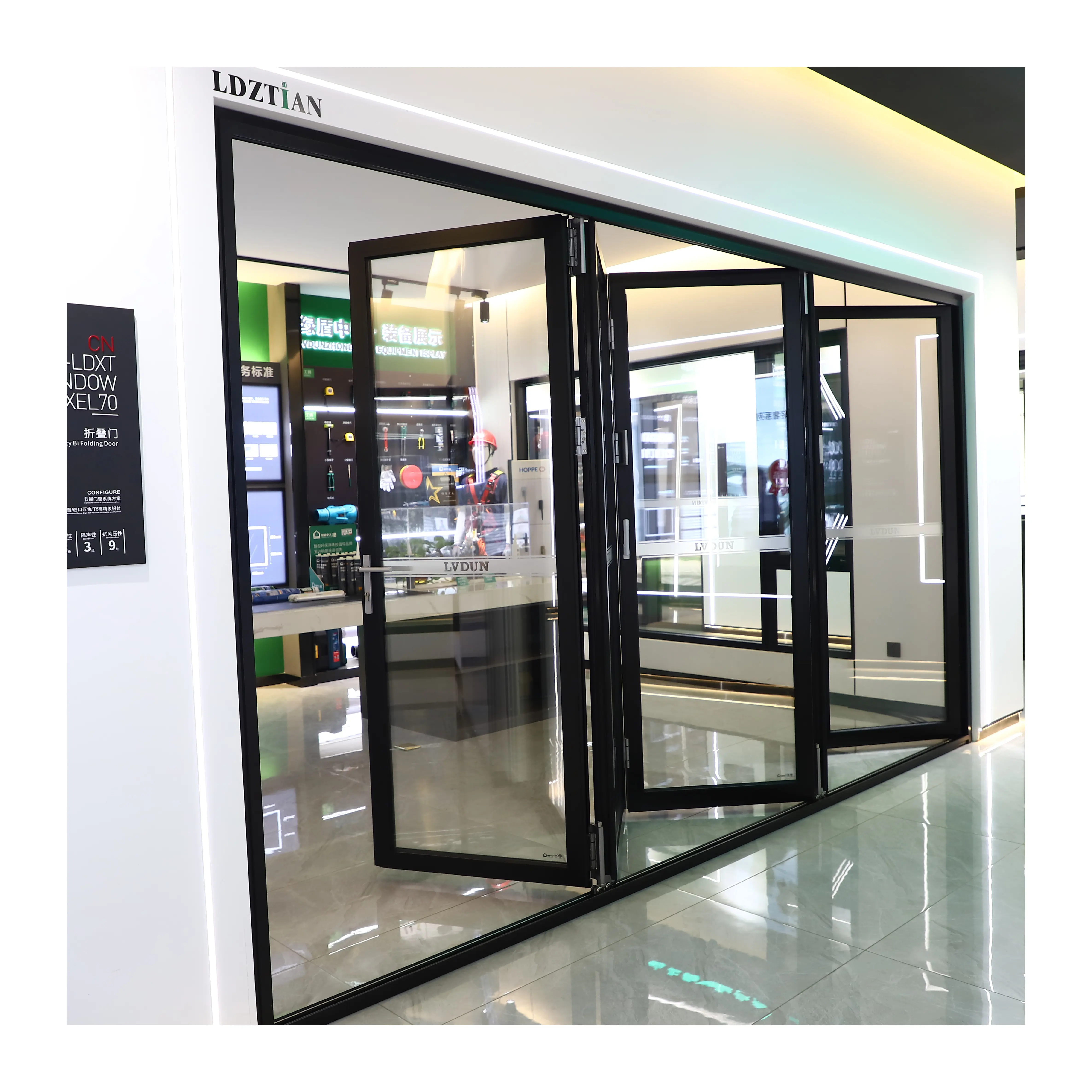 Horizontal swing grille design anti-theft double toughened glass door accordion folding door