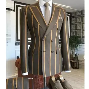 Şık moda şerit kruvaze erkek 2 parça Suits ceket + pantolon tasarımcı Blazer takım elbise Slim Fit balo parti smokin giyim