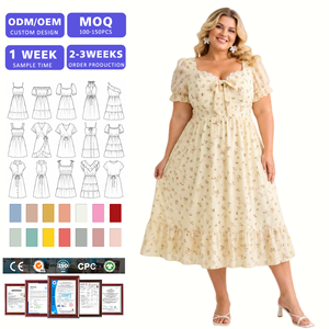 Robes Midi d'Été Grande Taille pour Femmes, Rose Poudré, à Motifs Floraux, Col Carré, Manches Bouffantes, Nœud à l'Avant, Ourlet à Volants, Vente en Gros - Product Image 1