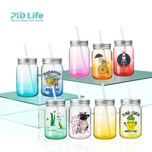 PYD Life 15oz 450ml 주문 로고 기온변화도 색깔 금속 뚜껑과 밀짚을 가진 명확한 승화 석공병