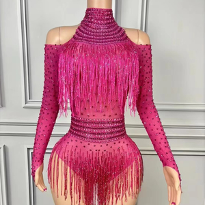 AD2430, monos para <span class=keywords><strong>mujer</strong></span>, monos sexis por encima de la rodilla, cuello de <span class=keywords><strong>tortuga</strong></span>, decoración de cristales, manga larga, traje de actuación brillante - Product Image 1