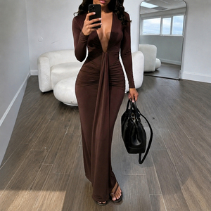 Vestido Maxi Sexy de Manga Larga con Cuello en V y Volantes Marrón para Mujer, con Lazo para Atar, Ideal para Fiestas y Salidas Nocturnas de Otoño - Product Image 4