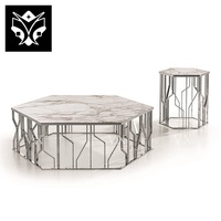 Mobilier de salon design moderne en acier inoxydable avec plateau en verre, table basse centrale de luxe avec miroir, argent