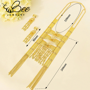 Juego de Joyería Hipoalergénica para Novia, Estilo Dubái, con Borlas Nigerianas, Oro Asiático de 24K, Collar Largo y Aretes - Product Image 3