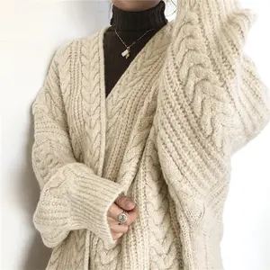 Otoño e Invierno tejido moda Simple suelto Twist largo mujer Maxi suéter abrigo cárdigan