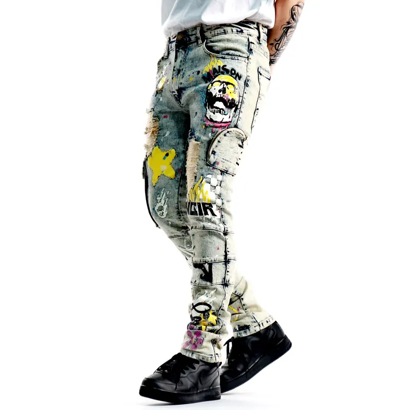 DiZNEW High Quality Fashion Denim Mens Jeans Hombre Black Hip Hop Stacked jeans Custom Designer Printed Skinny Men Jeans