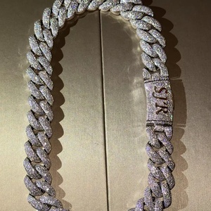 Qinglong Jewelry 925 Sterling Silver Rhodium Plated 2 Rows 10/12/14/18mm Width Moissanite Cuban Link Chain <b>Statement</b> <b>Necklace</b> - Product Image 1